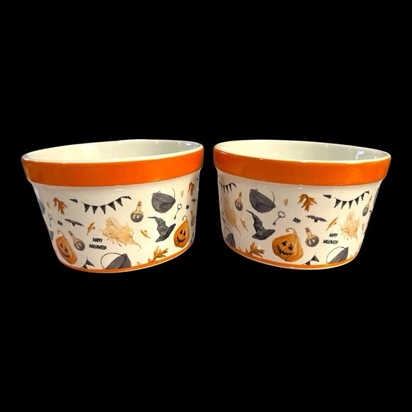 Whimsical Halloween Ramekins (2) Decorated W Bats Ghosts JackOLanterns Witch Hat - Picture 5 of 7